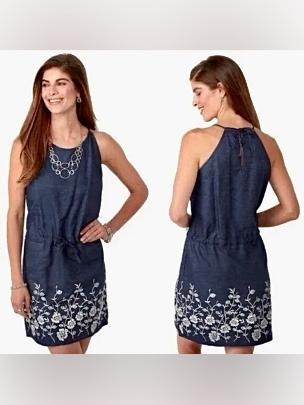 Dressbarn Westport Denim Chambray Floral Embroidered Sleeveless Halter Petite Lg